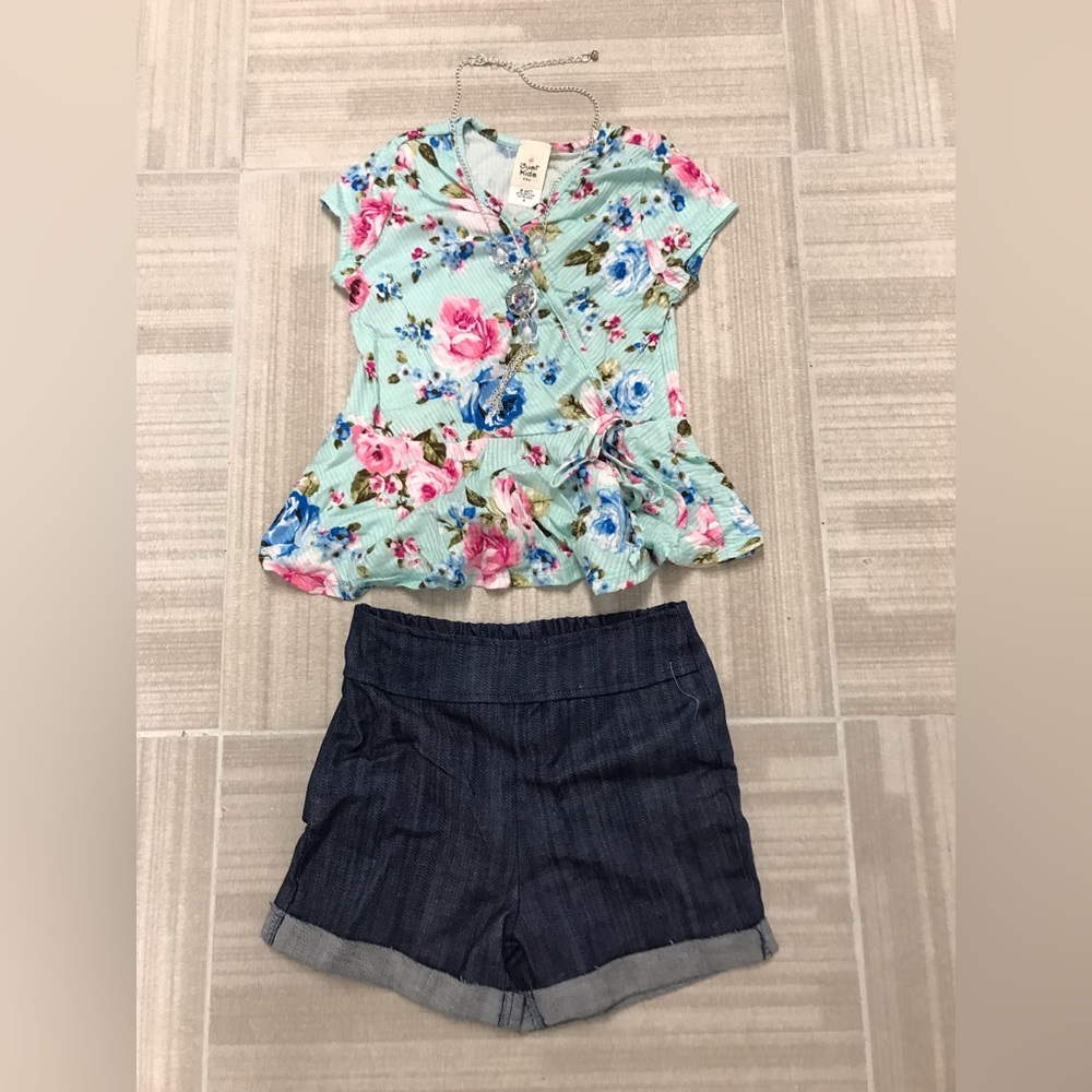 Little Toddler Girls 3 Pieces Girls Floral Flower Blouse Top Short Necklace